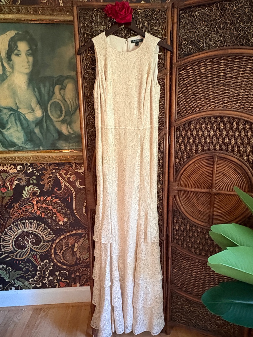 Lauren Ralph Lauren Champagne Lace Tiered Maxi Dress Size 4 Romantic Cottagecore